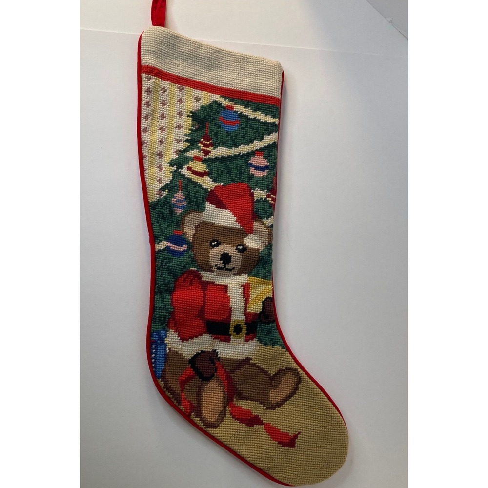 Vintage Imperial Elegance Wool Needlepoint Christmas‎ Stocking Bear Tree Red 20"